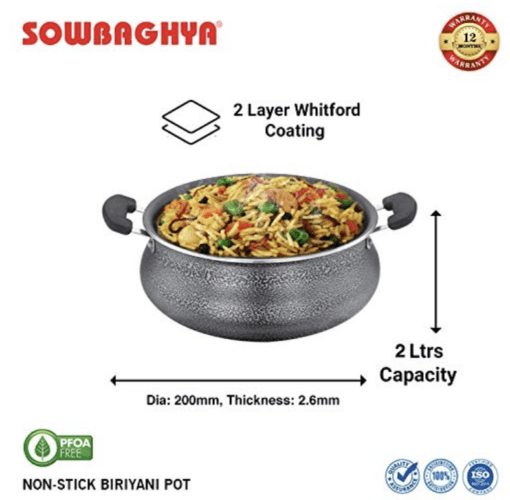 SOWBAGHYA Aluminium Biriyani Pot With Lid, 2 L (Black) Handi | Patila | Bhagona | Tapeli with LID | Multipurpose Aluminium Cooking Utensils for Kitchen | Dishwasher Safe - Image 2